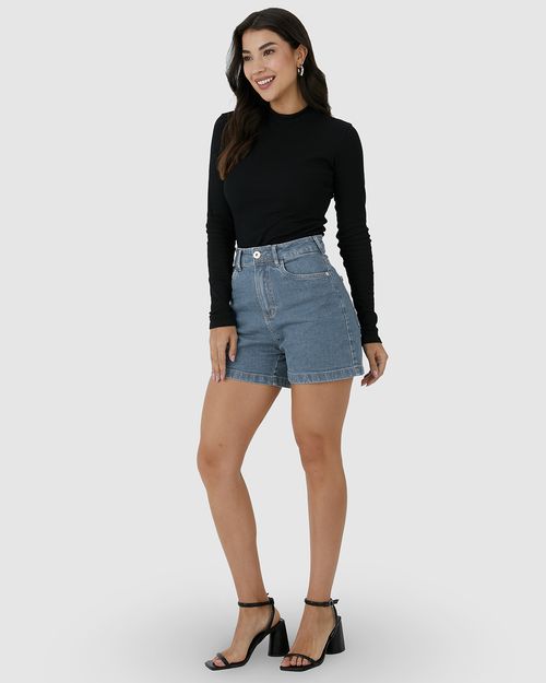 Shorts Feminino Mom Bolso Funcional Em Jeans Com Elastano