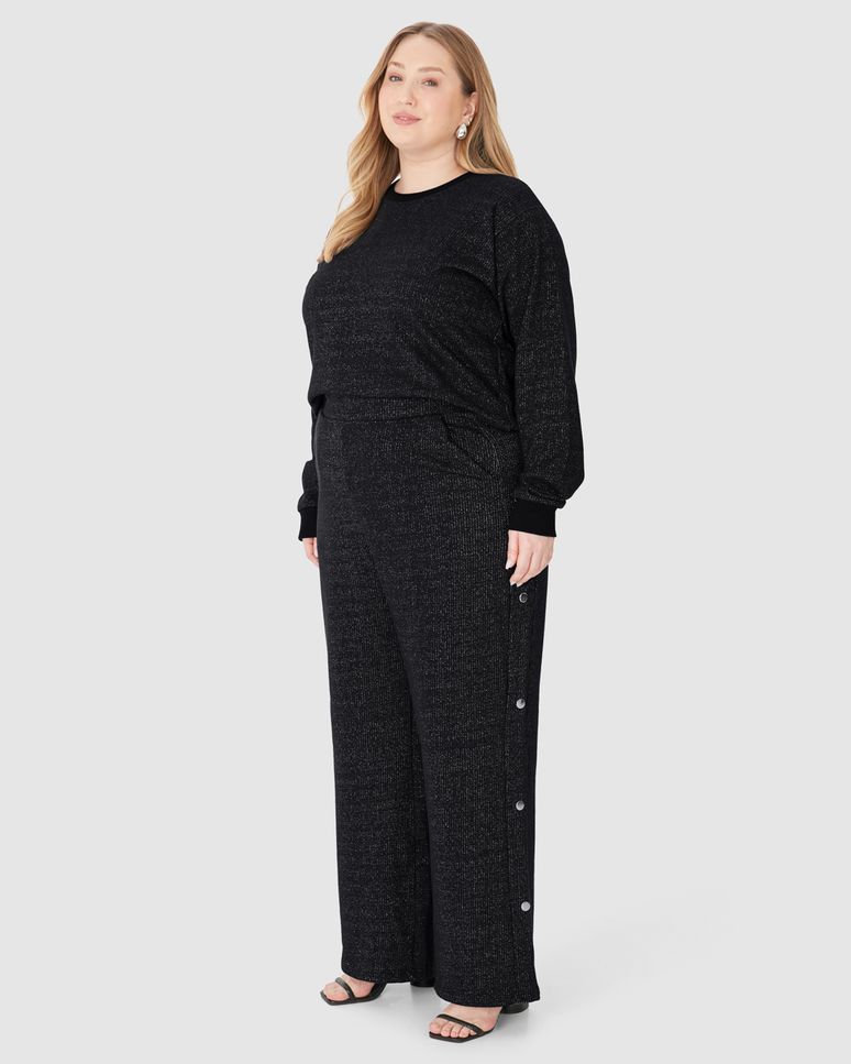 Calça Wide Leg Feminina Plus Size Botões Decorativos Em Moletinho Lurex