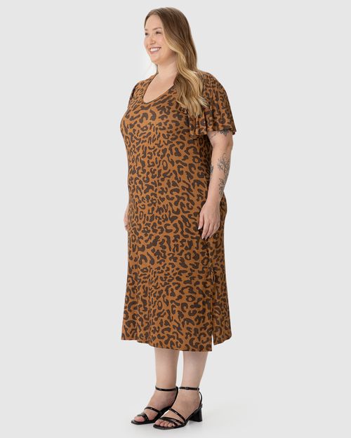 Vestido Midi Feminino Plus Size Fenda Lateral Em Malha Viscolinho Stretch