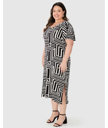 Vestido Midi Feminino Plus Size Fenda Lateral Em Malha Viscolinho Stretch