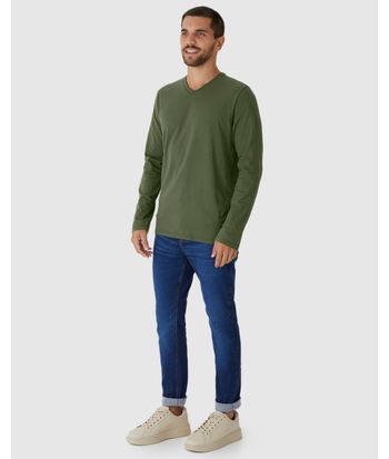 Camiseta Básica Masculina Decote V Manga Longa  Em Algodão