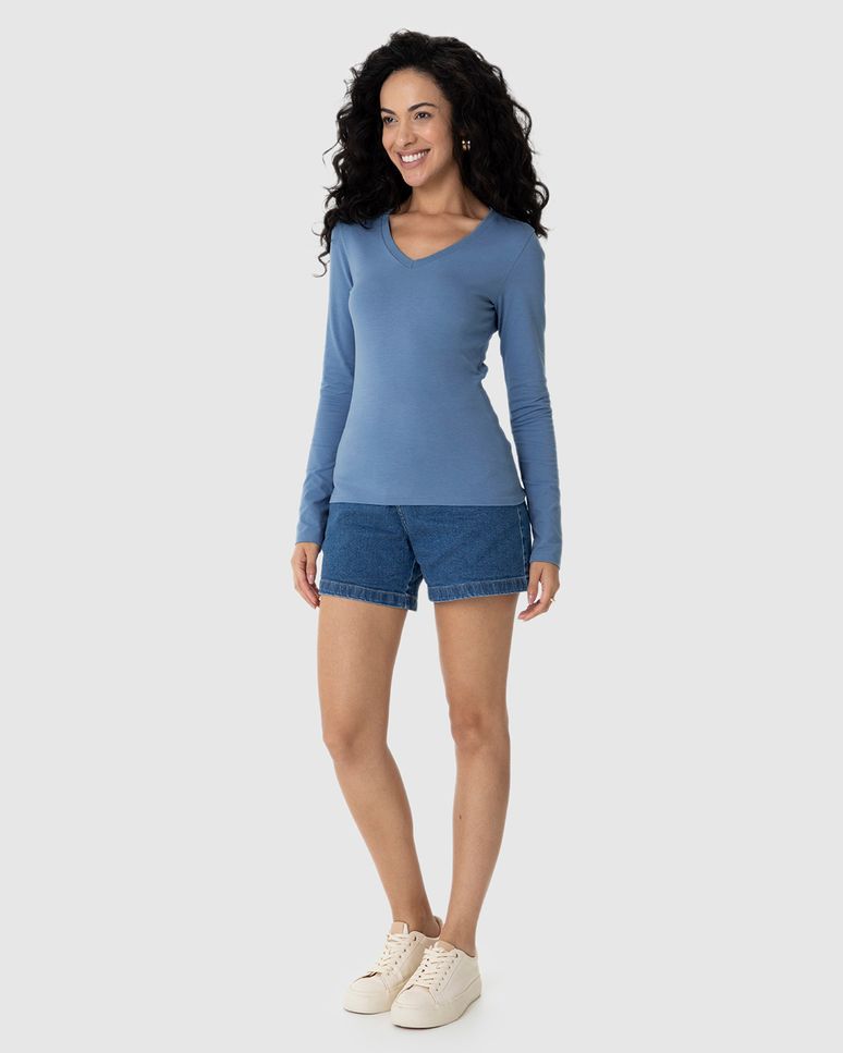 Blusa Básica Feminina Gola V Manga Longa Em Algodão