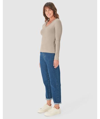 Blusa Básica Feminina Gola V Manga Longa Em Algodão