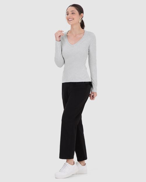 Blusa Básica Feminina Gola V Manga Longa Em Algodão