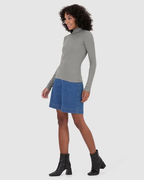 Blusa Básica Feminina Gola Alta Manga Longa Em Ribana