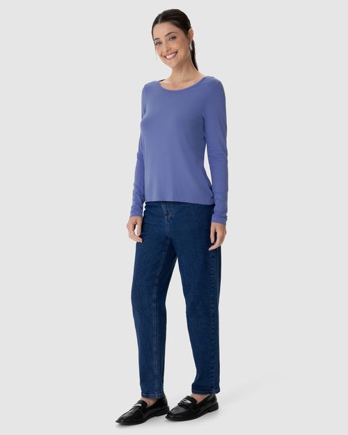 Blusa Básica Feminina Manga Longa Decote Canoa Em Viscose Stretch