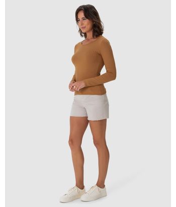 Blusa Básica Feminina Manga Longa Em Malha Canelada De Viscose