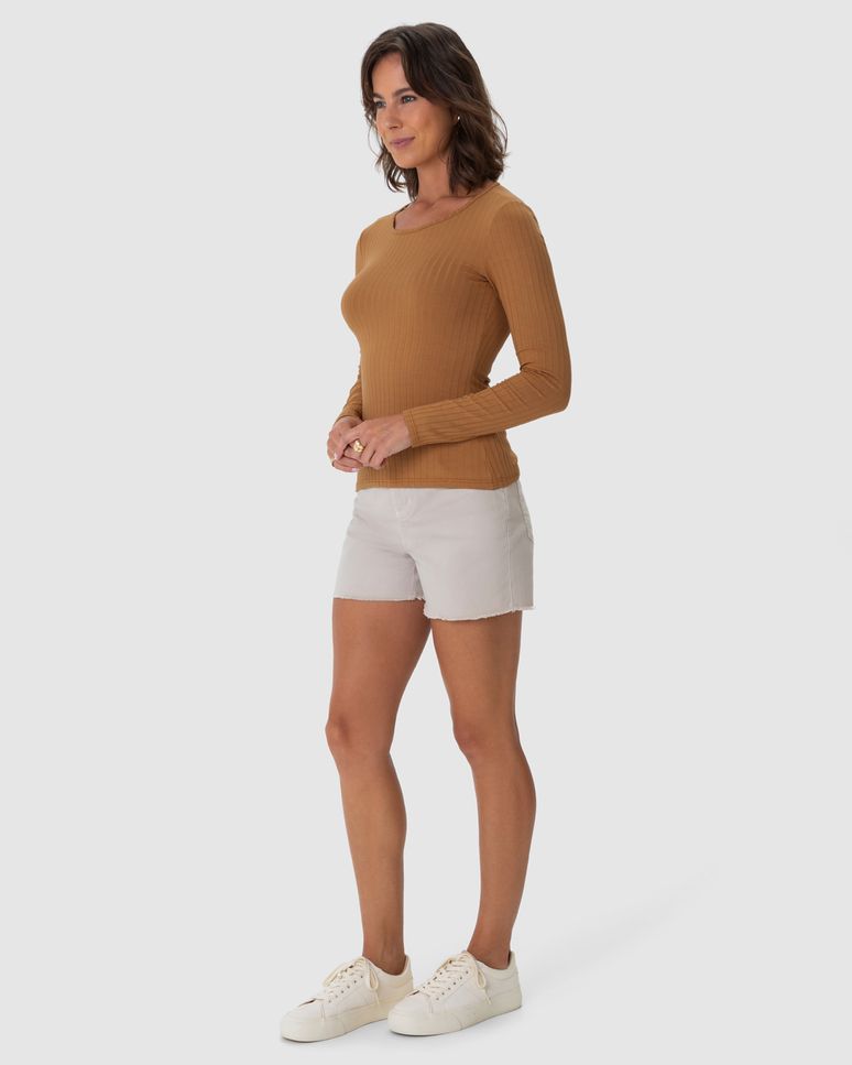 Blusa Básica Feminina Manga Longa Em Malha Canelada De Viscose