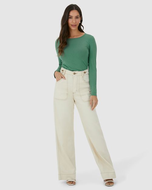 Blusa Básica Feminina Manga Longa Em Malha Canelada De Viscose