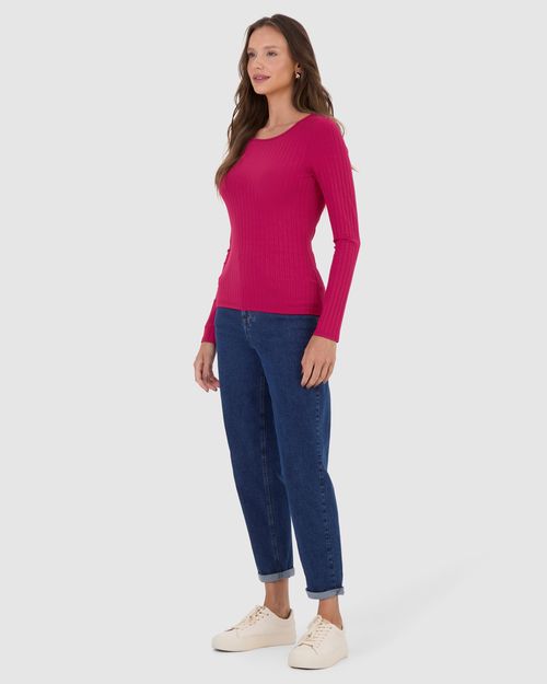 Blusa Básica Feminina Manga Longa Em Malha Canelada De Viscose