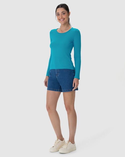Blusa Básica Feminina Manga Longa Em Malha Canelada De Viscose