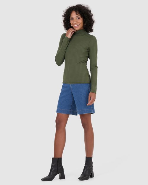 Blusa Básica Feminina Gola Alta Em Malha Canelada De Viscose