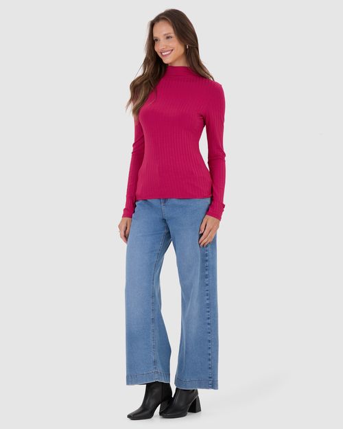 Blusa Básica Feminina Gola Alta Em Malha Canelada De Viscose