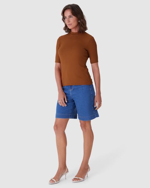 Blusa Básica Feminina Gola Alta Em Canelado De Viscose