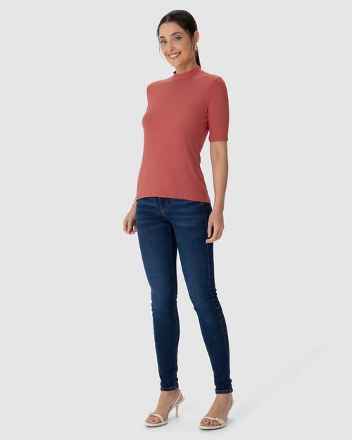 Blusa Básica Feminina Gola Alta Em Canelado De Viscose