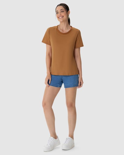 Blusa Básica Feminina Decote Redondo Com Pesponto Em Algodão