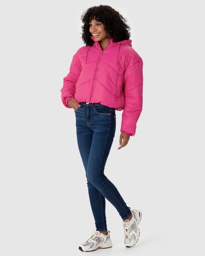 Jaqueta Feminina Puffer Cropped Com Capuz Em Nylon
