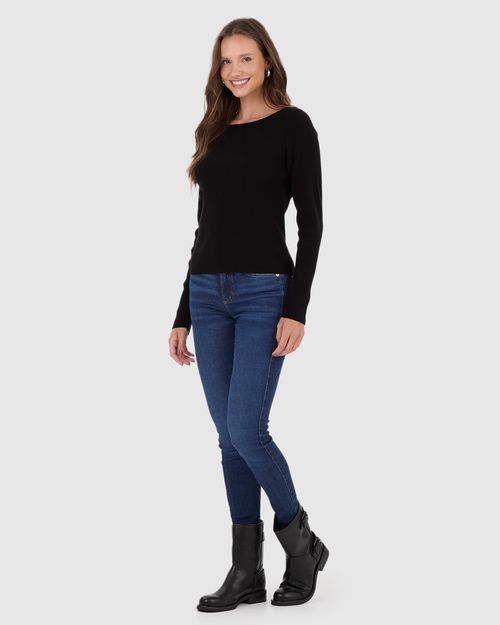 Blusa Feminina Decote Canoa Manga Longa Em Tricô