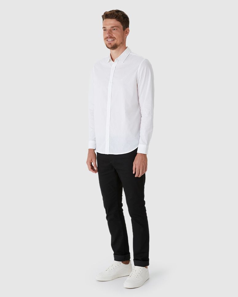Camisa Masculina Slim Bordado Peitoral Em Algodão Com Elastano