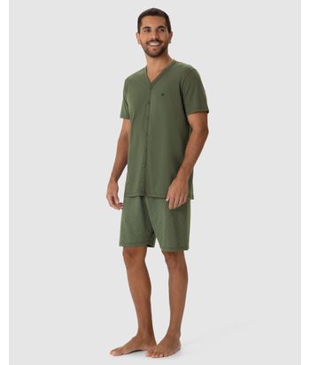 Pijama Masculino Camiseta Abertura Por Botões Em Algodão