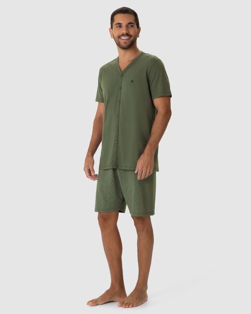 Pijama Masculino Camiseta Abertura Por Botões Em Algodão