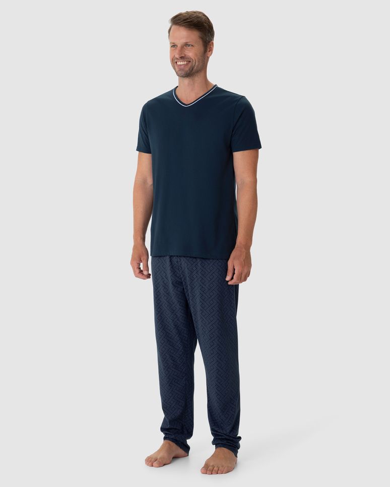 Pijama Longo Masculino Camiseta Gola V Em Algodão