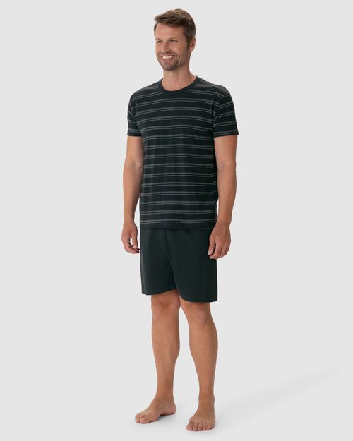 Pijama Masculino Camiseta Gola Redonda Em Malha Listrada