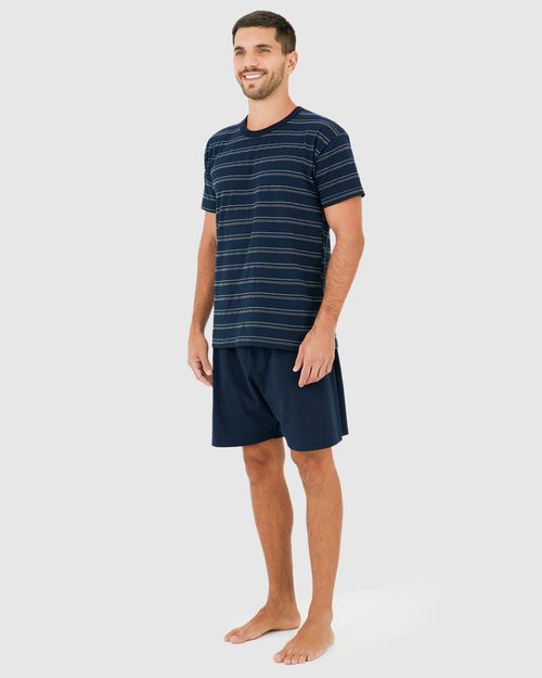 Pijama Masculino Camiseta Gola Redonda Em Malha Listrada