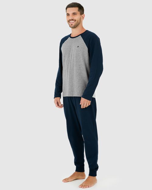 Pijama Longo Masculino Camiseta Manga Raglan Em Algodão