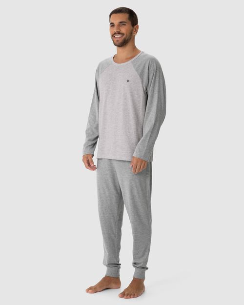 Pijama Longo Masculino Camiseta Manga Raglan Em Algodão