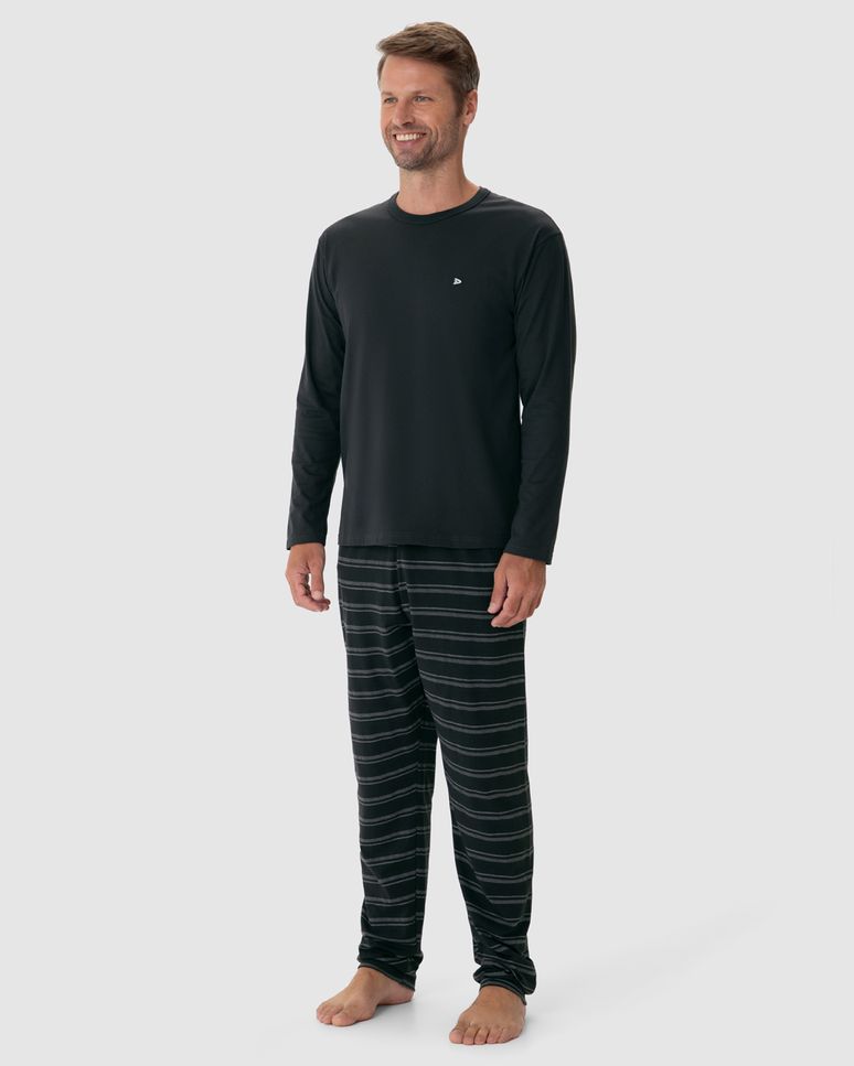 Pijama Longo Masculino Calça Em Malha Listrada
