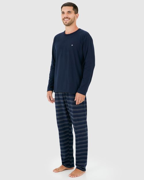 Pijama Longo Masculino Calça Em Malha Listrada