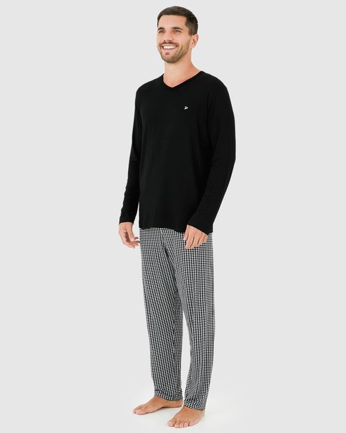 Pijama Longo Masculino Camiseta Manga Longa Botões Frontais Viscose Stretch