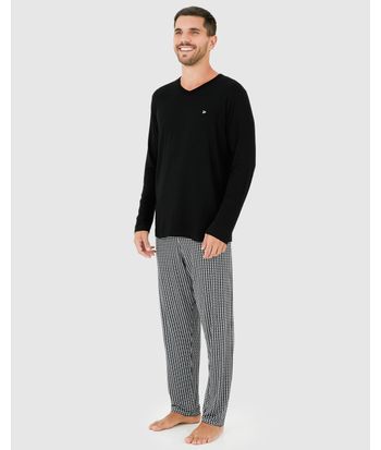 Pijama Longo Masculino Camiseta Manga Longa Botões Frontais Viscose Stretch