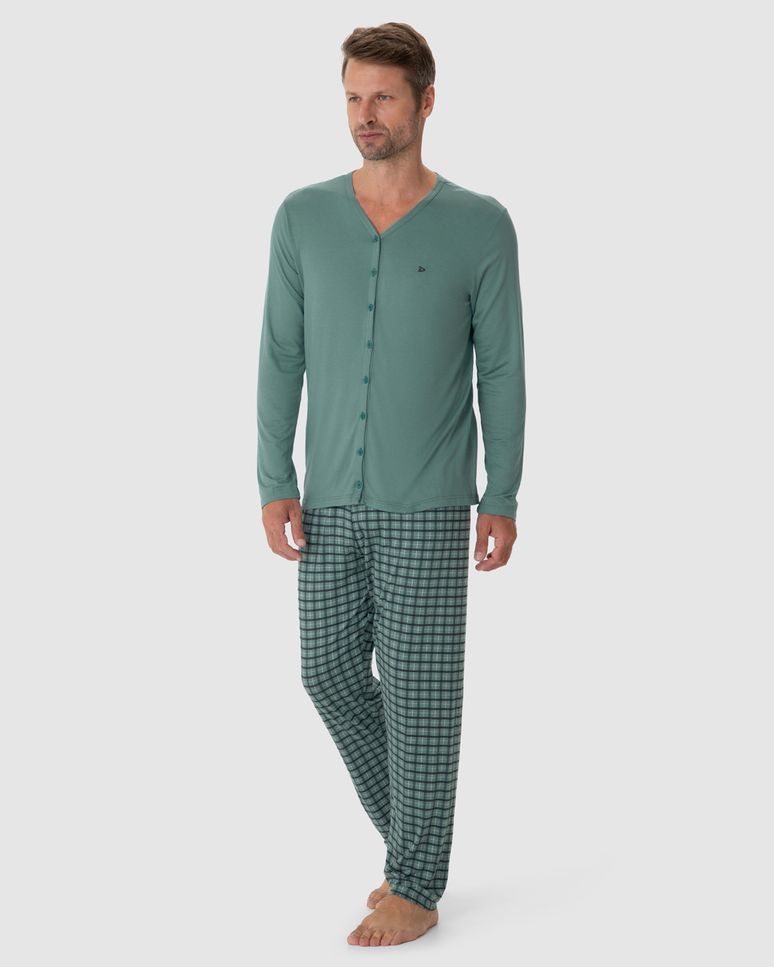 Pijama Longo Masculino Camiseta Manga Longa Botões Frontais Viscose Stretch