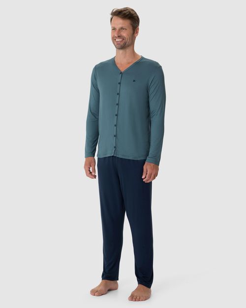 Pijama Longo Masculino Camiseta Manga Longa Botões Frontais Viscose Stretch