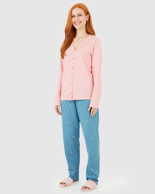 Pijama Longo Feminino Blusa Manga Longa Abertura Por Botões Em Algodão