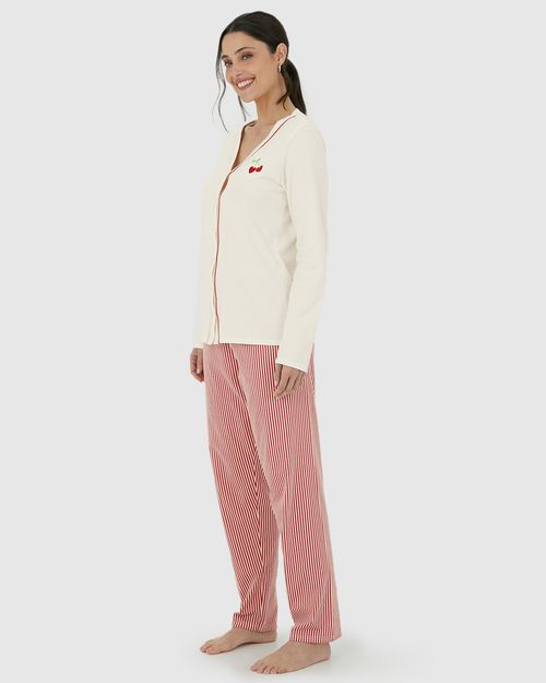 Pijama Longo Feminino Blusa Manga Longa Abertura Por Botões Em Algodão