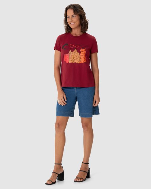 Camiseta Feminina Manga Curta Estampa Frontal Ilustrativa Em Algodão