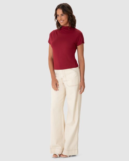 Blusa Feminina Gola Alta Detalhe Pregas No Ombro Em Viscose Stretch