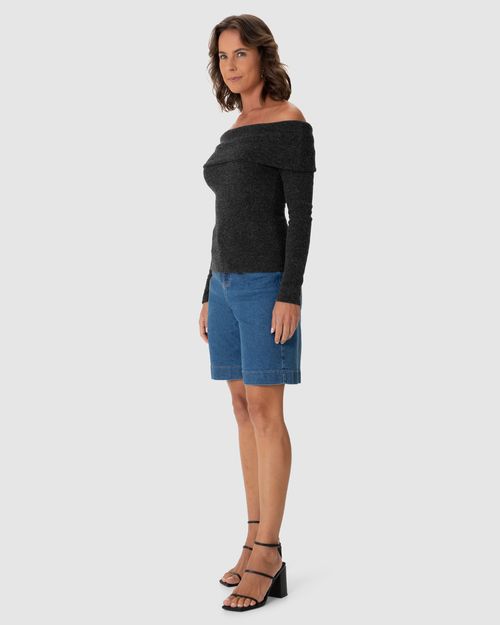 Blusa Feminina Decote Ombro A Ombro Manga Longa Em Tricô Rajado Flanelado