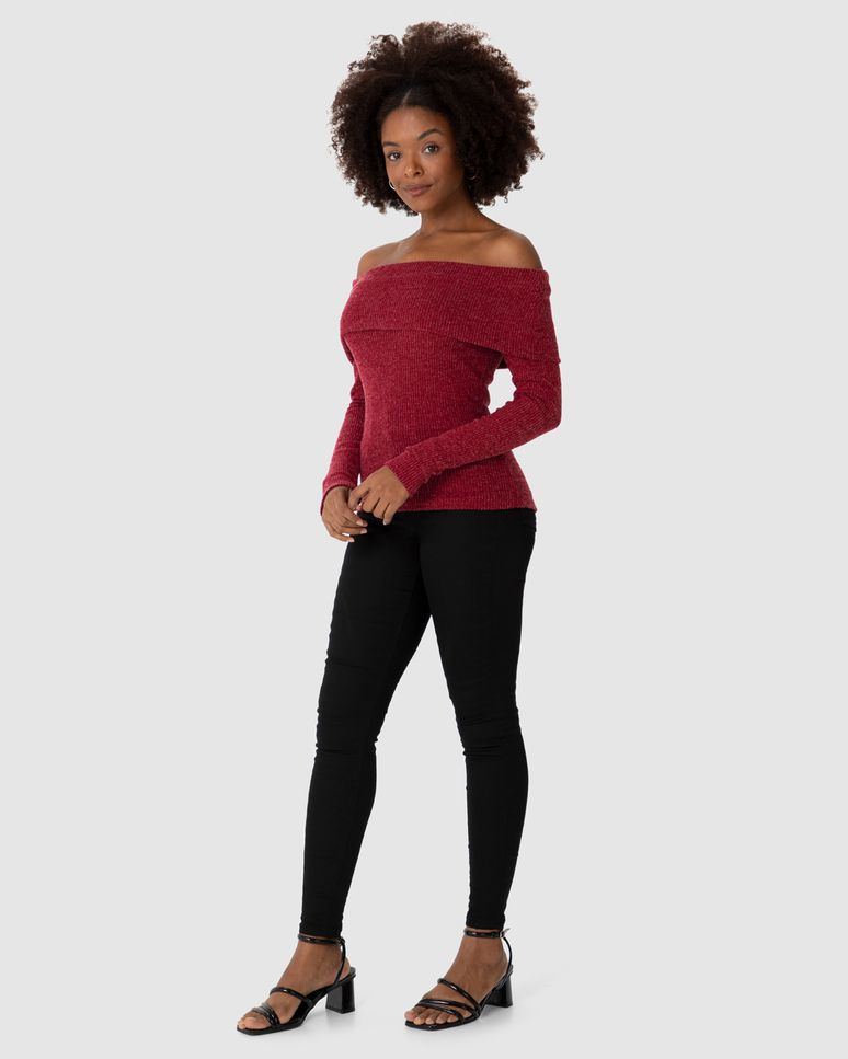 Blusa Feminina Decote Ombro A Ombro Manga Longa Em Tricô Rajado Flanelado