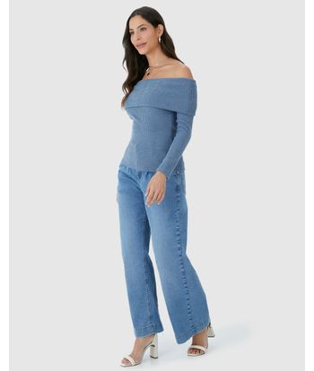 Blusa Feminina Decote Ombro A Ombro Manga Longa Em Tricô Rajado Flanelado