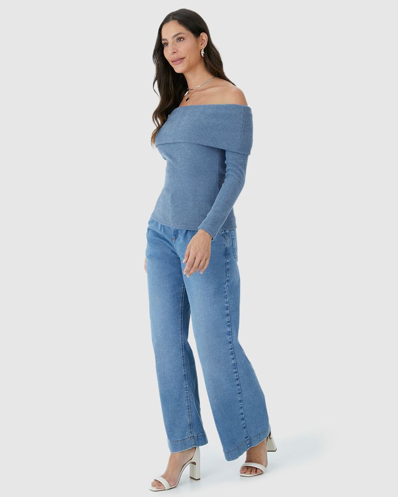 Blusa Feminina Decote Ombro A Ombro Manga Longa Em Tricô Rajado Flanelado