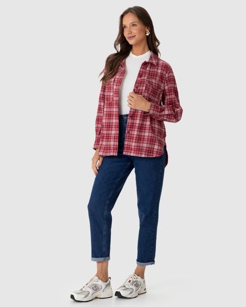 Camisa Feminina Xadrez Bolso Frontal Em Tecido Flanelado