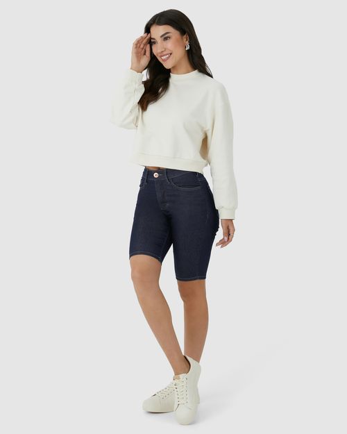 Bermuda Feminina Ciclista Cintura Média Em Jeans Com Elastano