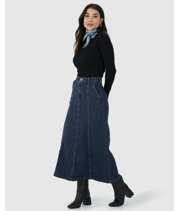 Saia Midi Feminina Evasê Recortes Frontais Em Jeans Com Elastano