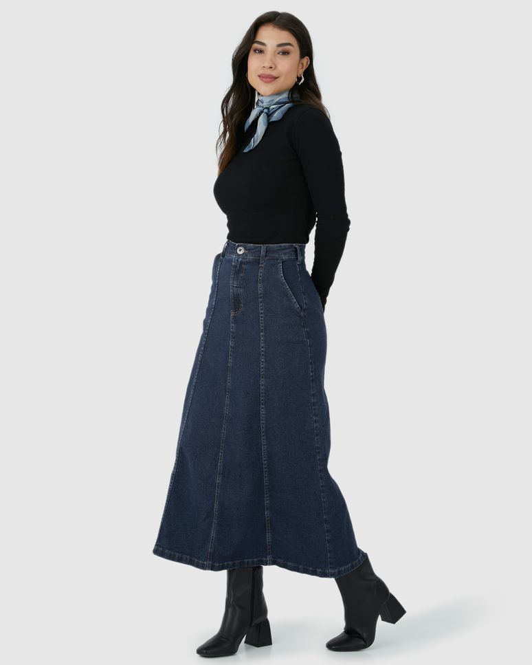 Saia Midi Feminina Evasê Recortes Frontais Em Jeans Com Elastano