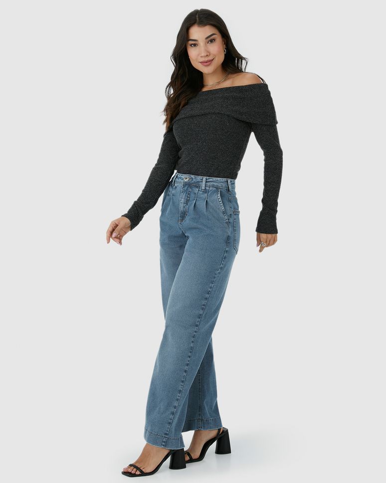 Calça Wide Leg Feminina Pregas Frontais Em Jeans Com Elastano