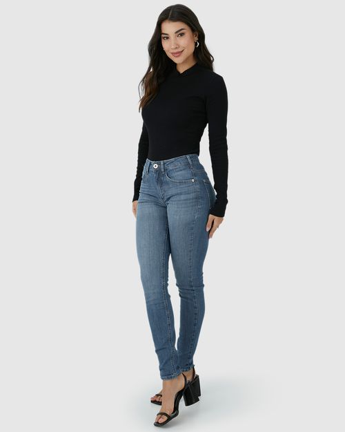 Calça Skinny Feminina Cintura Média Bolso Funcional Em Flex Jeans